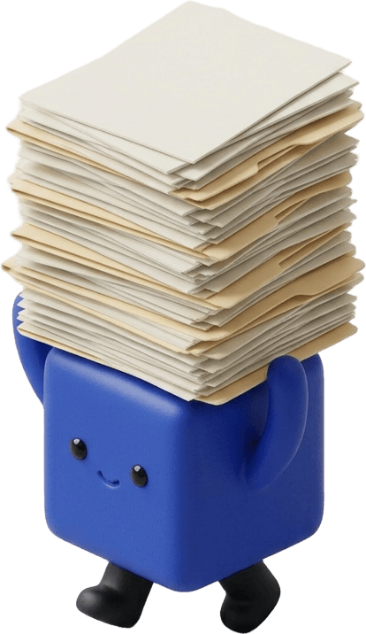 The Clientage agent, a small cobalt cube, carrying a tall stack of paperwork