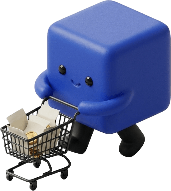 The Clientage agent, a small cobalt cube, pushing a cart of invoices.