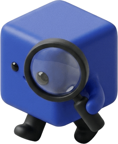The Clientage agent, a small cobalt cube, looking through a magnifying glass.