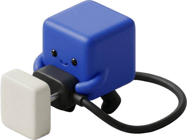 The Clientage agent, a small cobalt cube, plugging a cable into a socket.