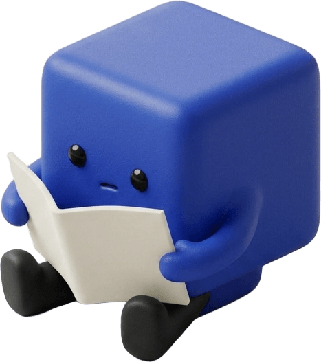 The Clientage agent, a small cobalt cube, sitting down to read a booklet.