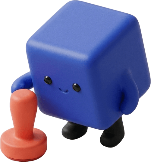 The Clientage agent, a small cobalt cube, holding an approval stamp.