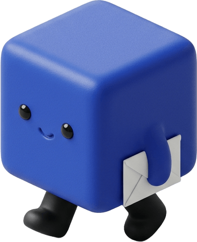 The Clientage agent, a small cobalt cube, walking with a letter.