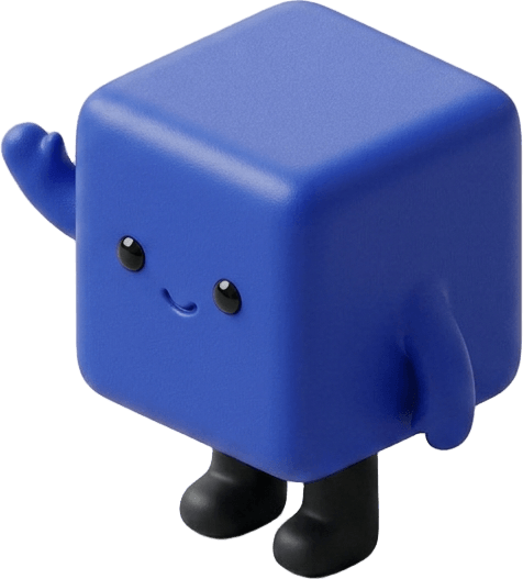 The Clientage agent, a small cobalt cube, waving hello.